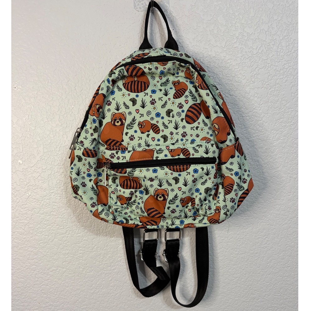 Red Panda Print Mini Backpack Mint Green Animal Theme Canvas Daypack